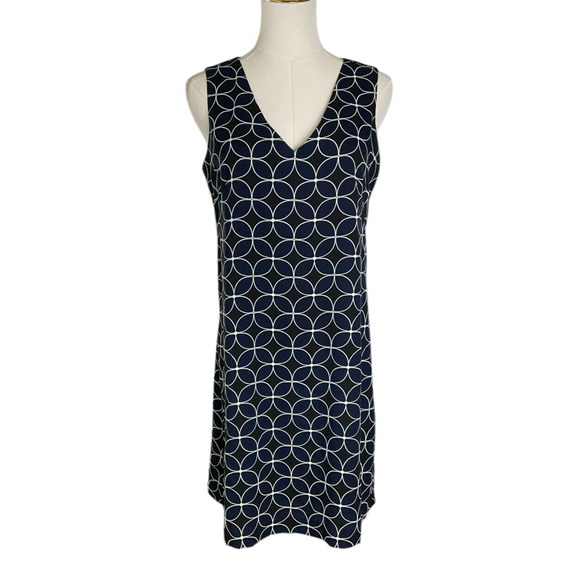 Ann Taylor Sleeveless A Line Navy White Geometric Circle Pattern Dress Size 4 - Picture 1 of 11
